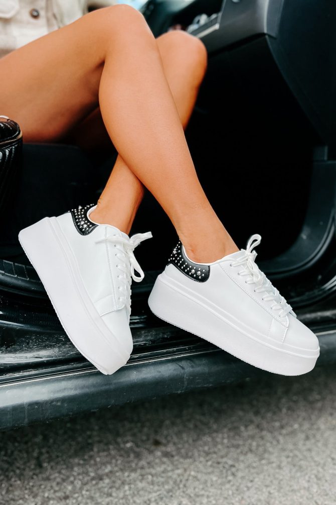 Kicking It Up A Notch Studded Platform Sneakers (White/Black) ?? NanaMacs