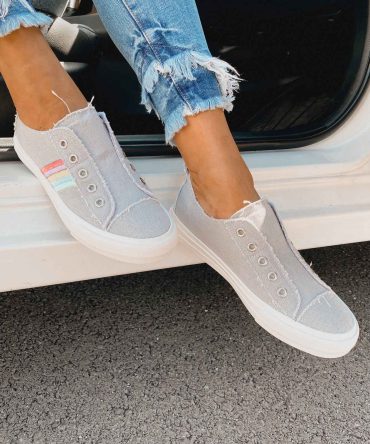 Lenora Raw Edge Embroidered Stripe Canvas Sneakers (Grey) ?? NanaMacs