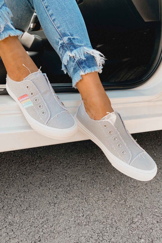 Lenora Raw Edge Embroidered Stripe Canvas Sneakers (Grey) ?? NanaMacs