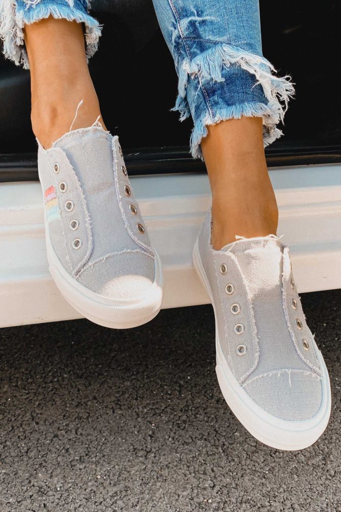 Lenora Raw Edge Embroidered Stripe Canvas Sneakers (Grey) ?? NanaMacs - Image 2