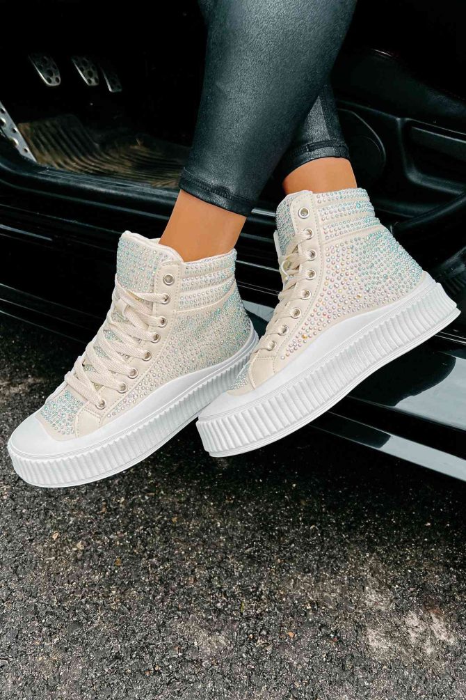 The World's My Playground Rhinestone High Top Sneakers (Beige) ?? NanaMacs